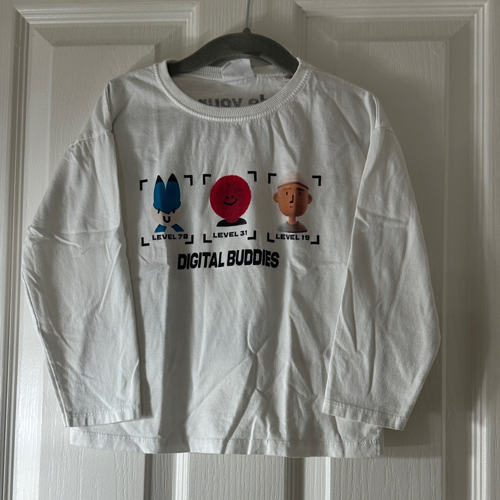Zara White Long-Sleeve "Digital Buddies" Tee with Blue Red Tan Graphics